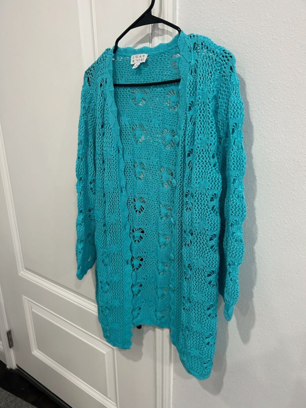Joan Rivers 1X Turquoise Open Knit Cardigan Cable Eyelet Stitch Cozycore Boho - Picture 3 of 9
